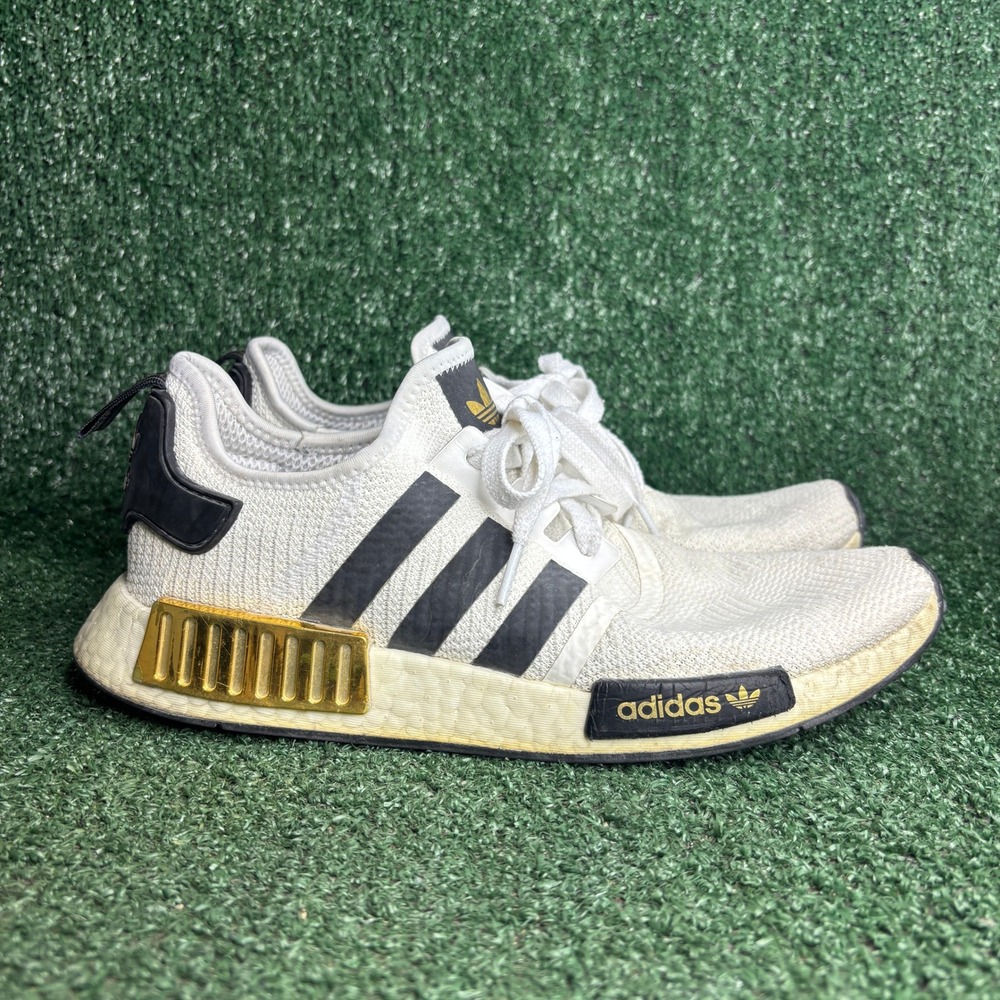 adidas NMD R1 Gold Metallic Boost Mesh EG5662 Athletic Sneakers White Mens Sz 10